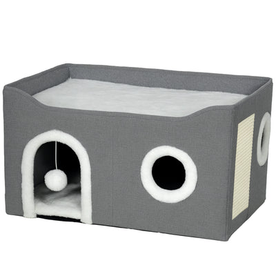 PawHut Cat Bed for Indoor Pets, Foldable Cat House with Fluffy Ball and Scratch Pad for Small and Medium Pets, Grey 