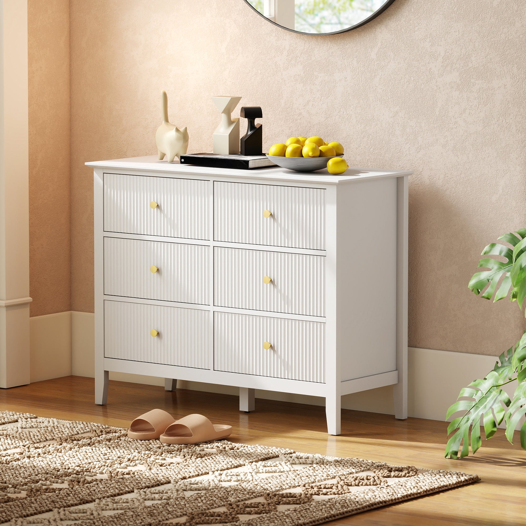 HOMCOM Fluted Dresser, 6 Drawer Chest of Drawers for Bedroom, Living Room, Hallway, Closet, White 