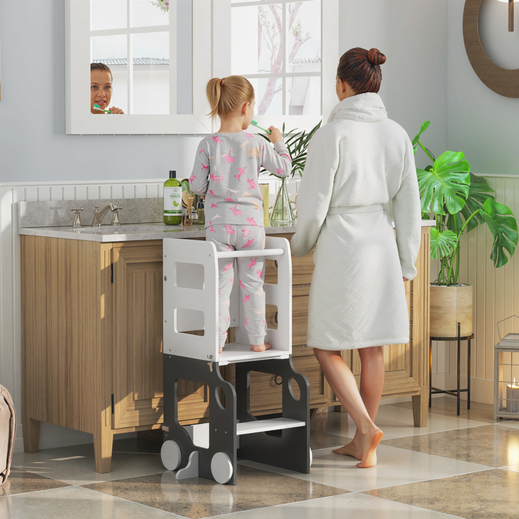 AIYAPLAY Toddler Step Stool, 4 in 1 Standing Tower, Foldable Toddler Step with Safety Rail, for Kitchen, Bathroom, Grey 