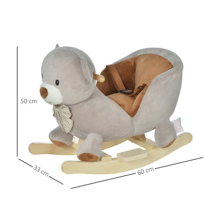 HOMCOM Kids Children Rocking Horse Plush Ride On Bear Seat w/ Sound Wood Base Seat Safety Belt Toddler Baby Toy for 18-36 Months Grey 