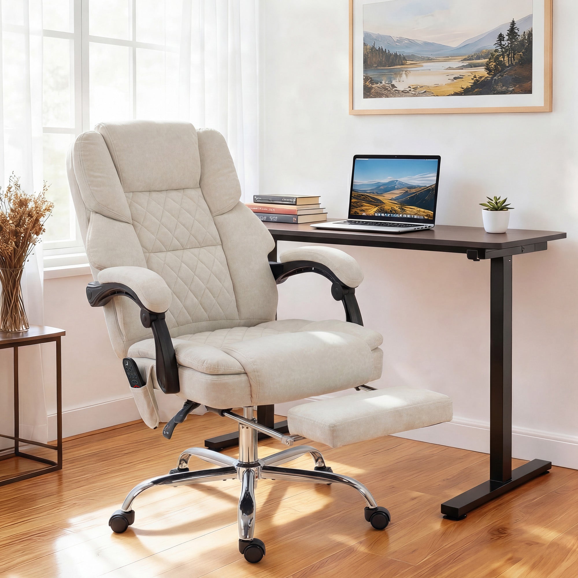 HOMCOM Office Chair with 6-point Vibration Massage and Heat, Fabric Desk Chair with Footrest, High Back, Cream White 