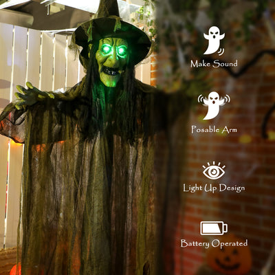 Outsunny 170 cm Life Size Hanging Halloween Animated Witch with Glowing LED Eyes, Spooky Witch Scary Halloween Decorations, Battery Operated, Indoor Party Props 