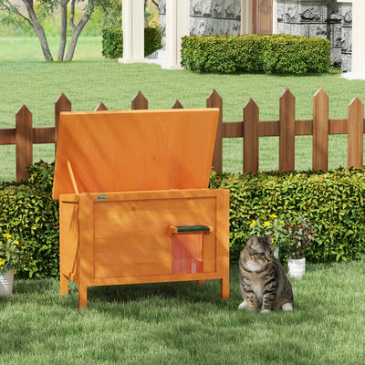 PawHut Feral Cat House, Wooden Insulated with Removable Floor, Water-Resistant Openable Roof - Orange 
