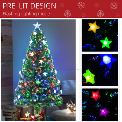 HOMCOM 5FT Prelit Artificial Christmas Tree Fibre Optic Star LED Light Holiday Home Xmas Decoration with LED Light for Indoor Party, Green 