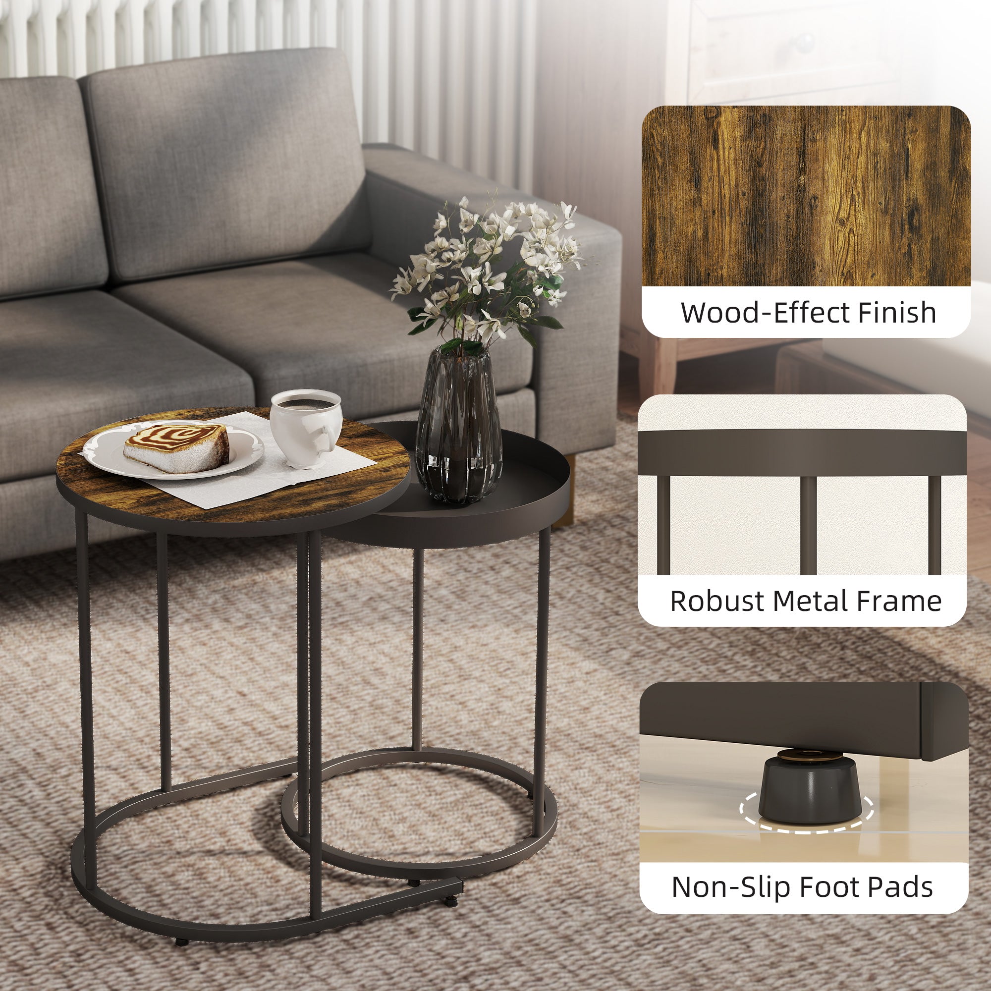 HOMCOM Set of Two Industrial Nesting Tables - Brown/Black 