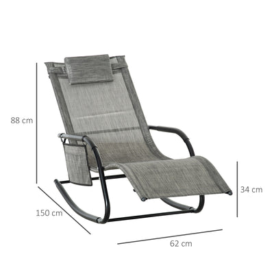Outsunny Outdoor Garden Rocking Chair, Patio Sun Lounger Rocker Chair with Breathable Mesh Fabric, Removable Headrest Pillow, Armrest, Side Storage Bag, Dark Grey 