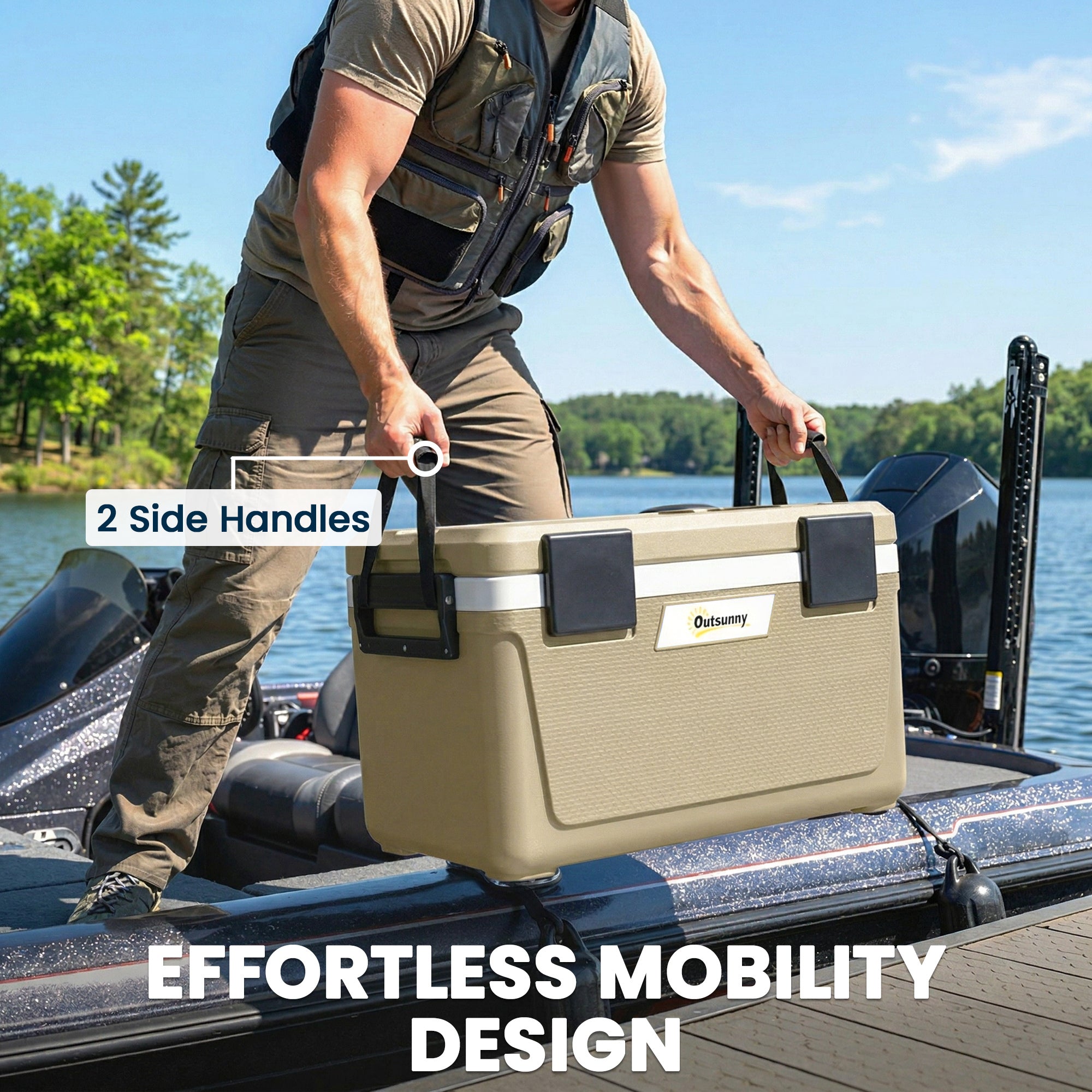 Outsunny 42.6L Insulated Cool Box, Lightweight Portable Ice Cooler with Handle, Lid and Drain Valve, Khaki 