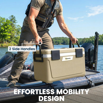 Outsunny 42.6L Insulated Cool Box, Lightweight Portable Ice Cooler with Handle, Lid and Drain Valve, Khaki 