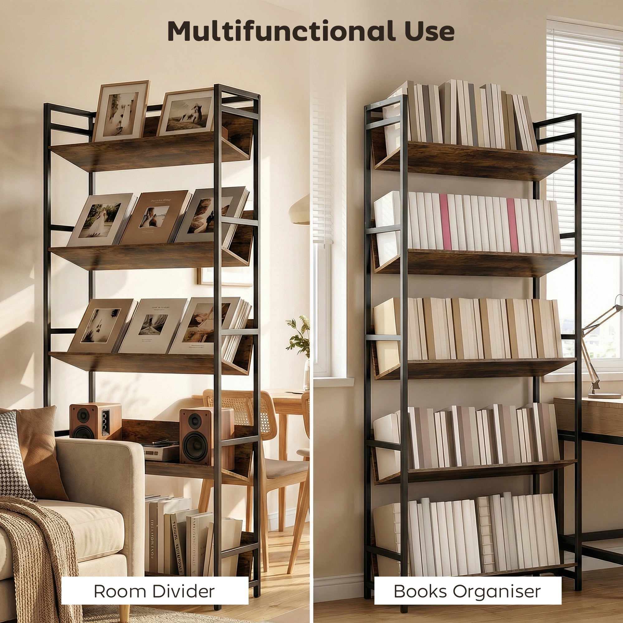 HOMCOM Bookshelf 5-Tier Metal Frame Room Divider Bookcase Storage Shelves for Living Room Rustic Brown 