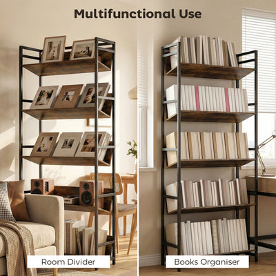HOMCOM Bookshelf 5-Tier Metal Frame Room Divider Bookcase Storage Shelves for Living Room Rustic Brown 