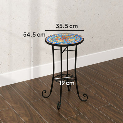 Outsunny Mosaic Garden Table, 35.5 cm Round Outdoor Table with Shelf, Ceramic Tile Top, Small Garden Side Table Bistro Table End Table Plant Stand for Indoor, Patio, Balcony, Blue 