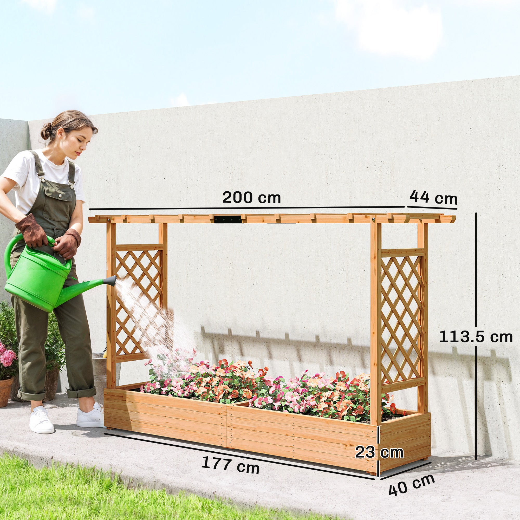 Outsunny Raised Planter with Trellis, Wooden Raised Bed for Garden with Hanging Roof and Drainage Holes, Outdoor Planter Box 