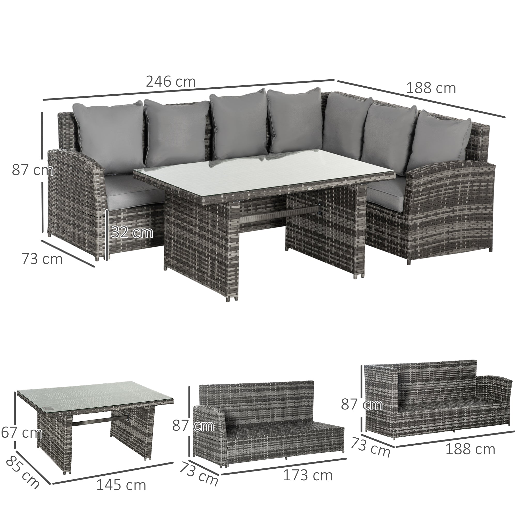 Outsunny 3 PCS PE Rattan Corner Dining Set Outdoor Garden Patio Sofa Table Furniture Set w/ Cushions Grey 