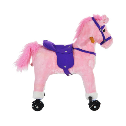 HOMCOM Rocking Horse Kids Ride on Walking Horse Animal Pony Wheeled Riding Plush Toy w/Sound for 3 Years and Up (Pink) 