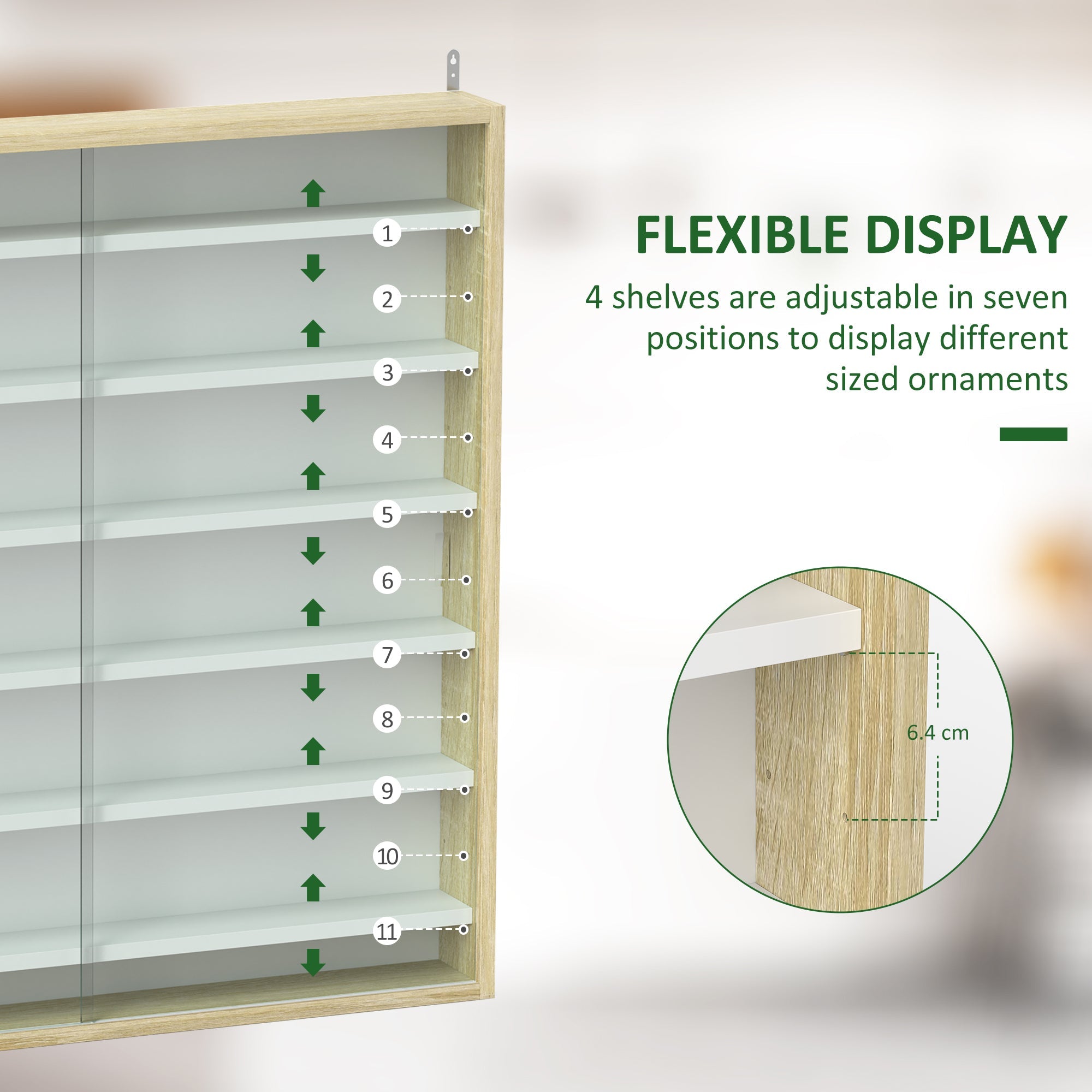 HOMCOM 7-Tier Wall Display Shelf Unit Cabinet w/ 6 Adjustable Shelves Glass Doors Home Office Ornaments 83x80cm, Oak 