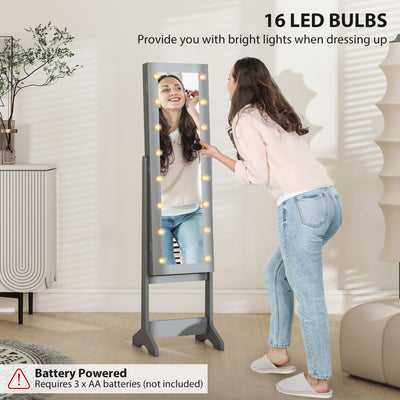 HOMCOM Free Standing Mirror Jewelry Cabinet with LED Lights, Jewellery Organiser with 3 Angle Adjustable, Full-Length Mirror with Storage for Earrings, Necklaces, Rings and Lipsticks, Grey 