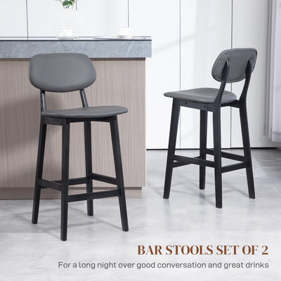 HOMCOM Bar Stools Set of 2, Contemporary Breakfast Bar Chairs, Faux Leather Upholstered Kitchen Stools with Backs and  Solid Wood Legs, Dark Grey 