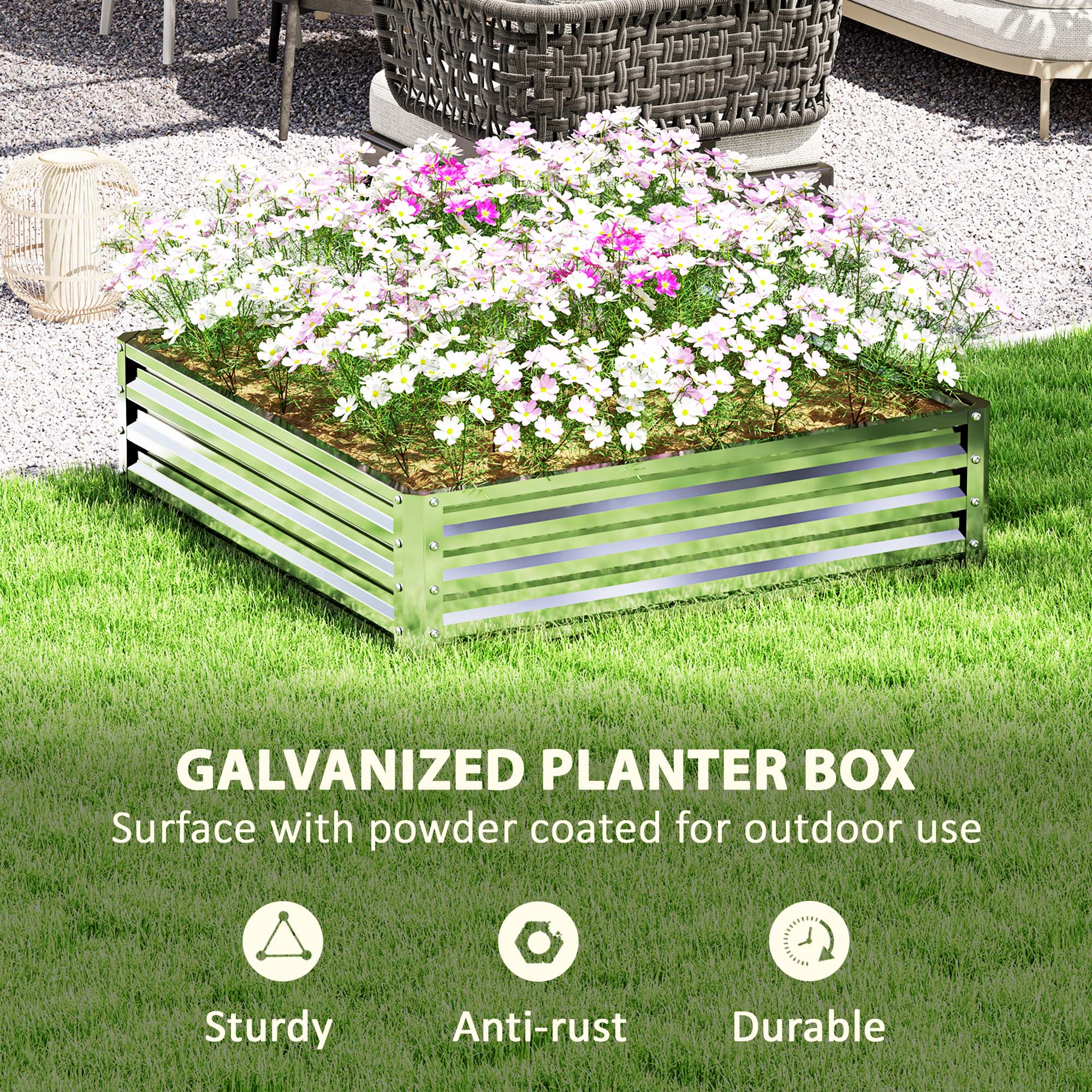 Outsunny Square Raised Garden Bed Box with Weatherized Steel Frame for Vegetables, Flowers, & Herbs, 120 x 120 x 30cm, Silver Tone 