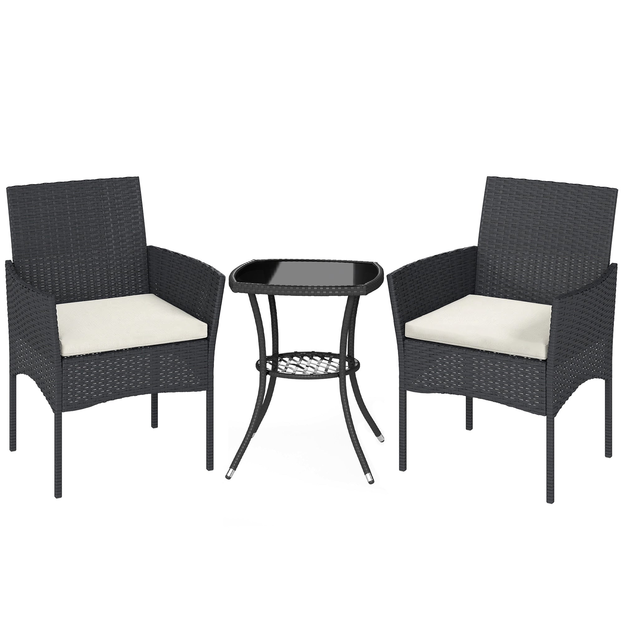 Outsunny 3 Piece Rattan Bistro Set, PE Wicker Garden Furniture Conversation Set with 2 Tier Glass-Top Table, Chairs, Cream White 