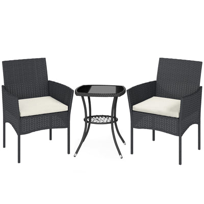 Outsunny 3 Piece Rattan Bistro Set, PE Wicker Garden Furniture Conversation Set with 2 Tier Glass-Top Table, Chairs, Cream White 