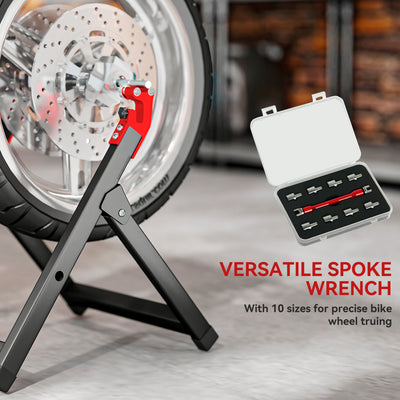 HOMCOM Foldable Motorcycle Wheel Balancer Truing Stand with Spoke Wrench, Steel Bike Tyre Rim Balancing Stand with Aluminium Shaft, Fits Wheels up to 23" in Diameter, 5" in Width, Black 