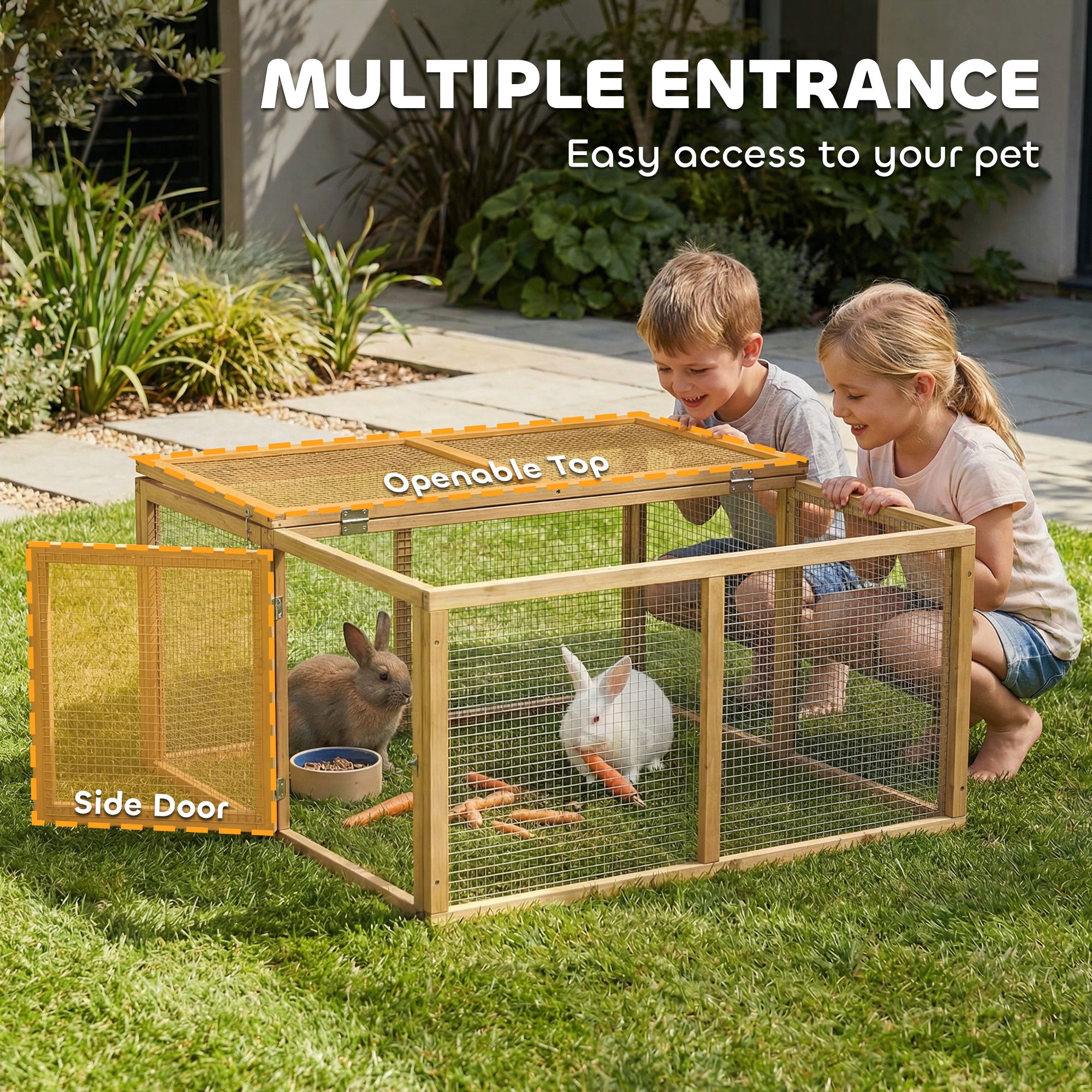 PawHut Wooden Folding Rabbit Hutch, for 2-3 Rabbits - Natural Wood 