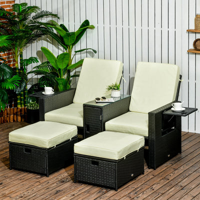 Outsunny 5PC PE Rattan Sun Lounger, Outdoor Wicker 5-level Adjustable Recliner Sofa Bed with Storage Side Table and Footstools, for Patio, Garden, Poolside, Black 
