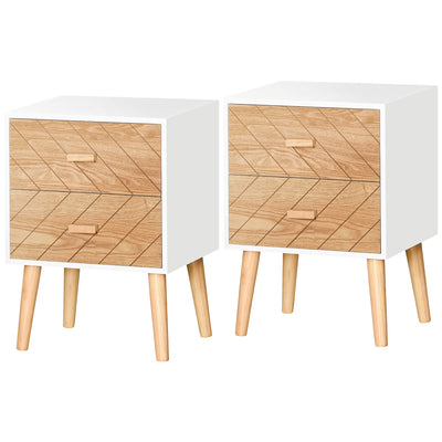 HOMCOM Bedside Table Set of 2, Modern Bedside Cabinets with Drawer and Pine Wood Legs, Nightstand for Bedroom, White and Natural 