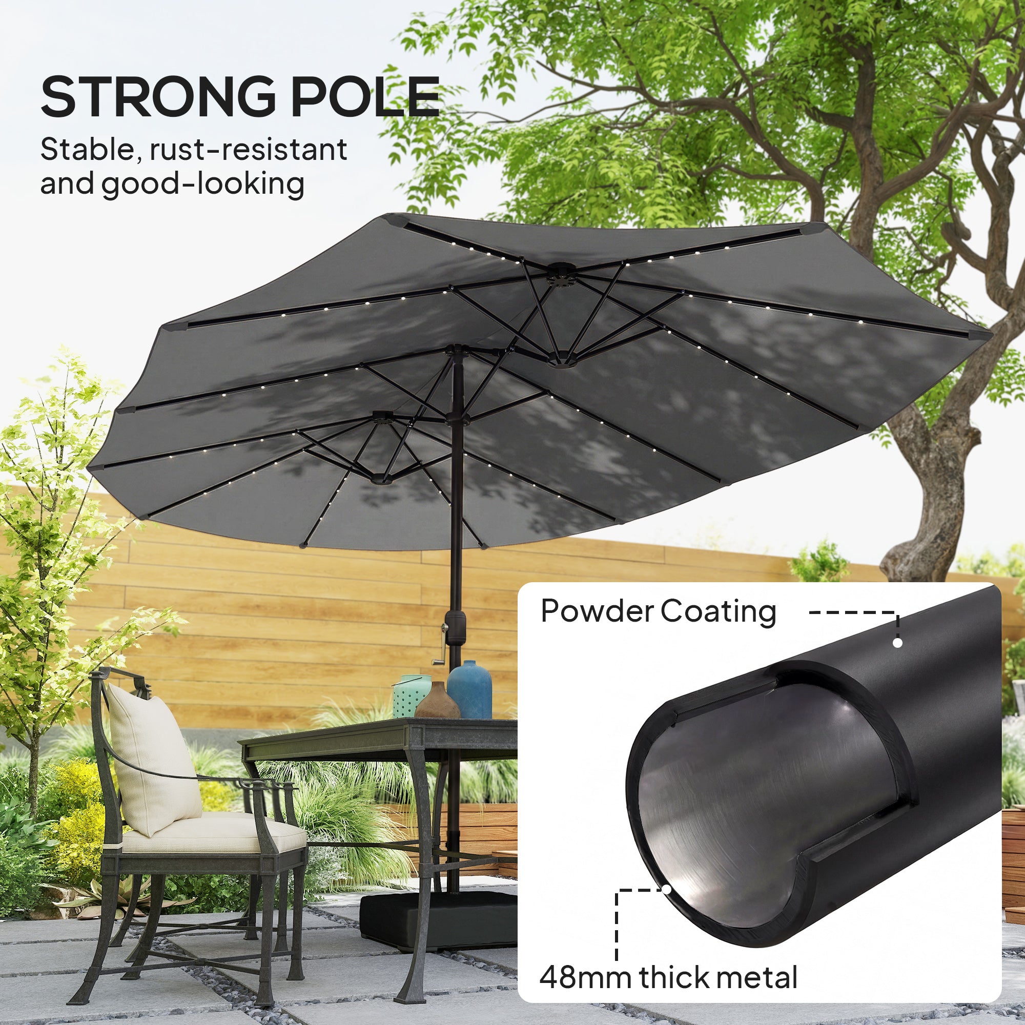Outsunny Patio Umbrella Double-Sided Outdoor Umbrella with Solar Lights Base, Grey 