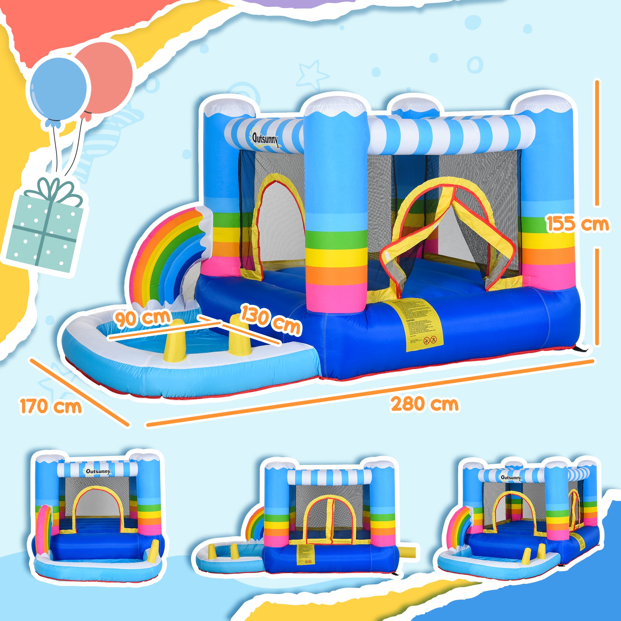 Outsunny Kids Bounce Castle Inflatable House with Trampoline Pool Climbing Wall with Inflator Carrybag, 2.8 x 1.7 x 1.55m 
