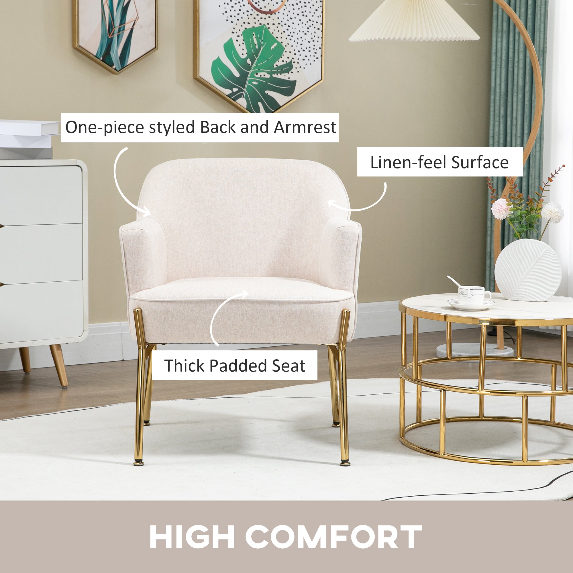 HOMCOM Accent Chair, Living Room Armchair, Vanity Chair with Gold Plating Metal Legs and Soft Padded Seat for Bedroom and Caf\'c3\'a9, Set of 2, White