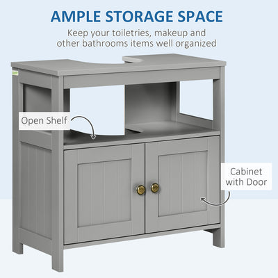 kleankin Pedestal Under Sink Cabinet with Double Doors, Modern Bathroom Vanity Storage Unit with Shelves, Light Grey 
