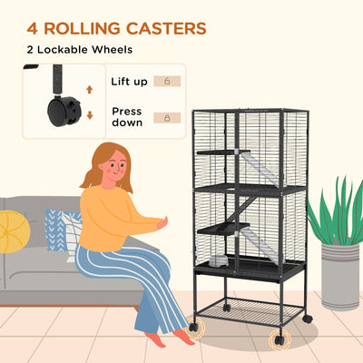 PawHut Rolling Chinchilla Cage, Small Animal Cage for Ferrets w/ Three Doors, Storage, Shelf, Tray Tray, Bowl, Water Bottle 