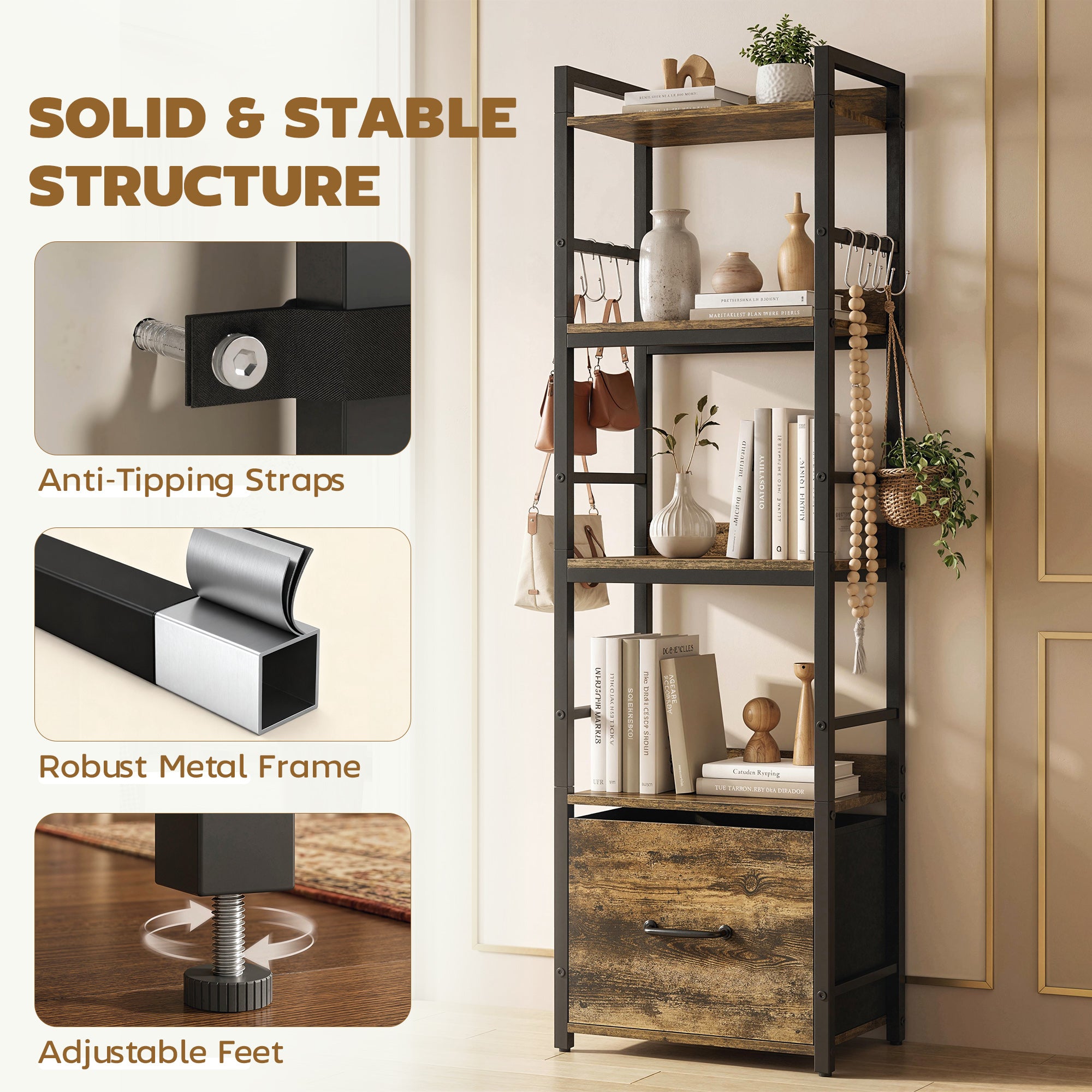 HOMCOM 4-Tier Bookshelf, Narrow Bookcase with Drawer, 8 Hooks, Metal Frame, Rustic Brown 