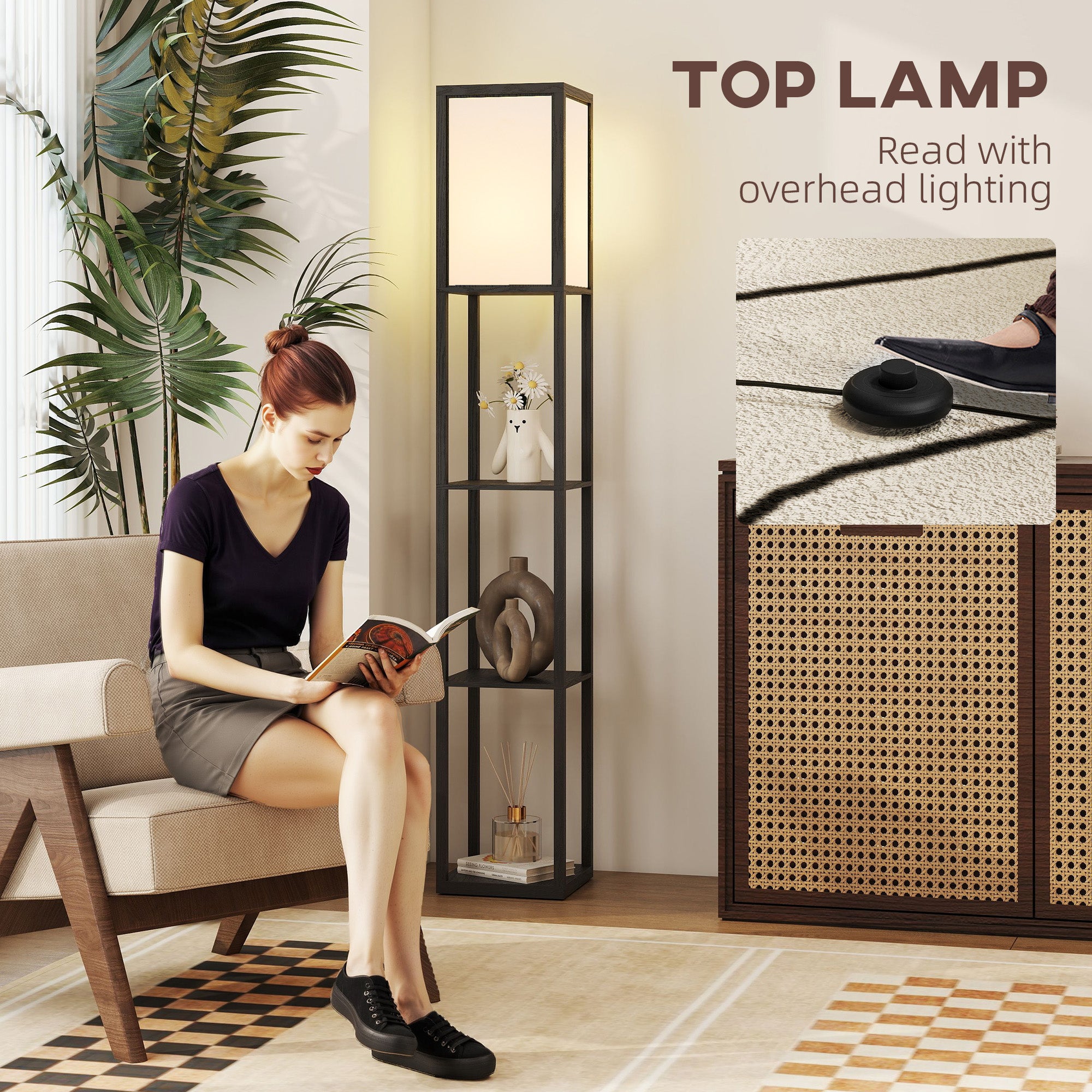 HOMCOM Floor Lamp with Shelves, 3 Layer Column Modern Standing Lamp for Living Room, Bedroom, Office, Bulb not Included, Black 