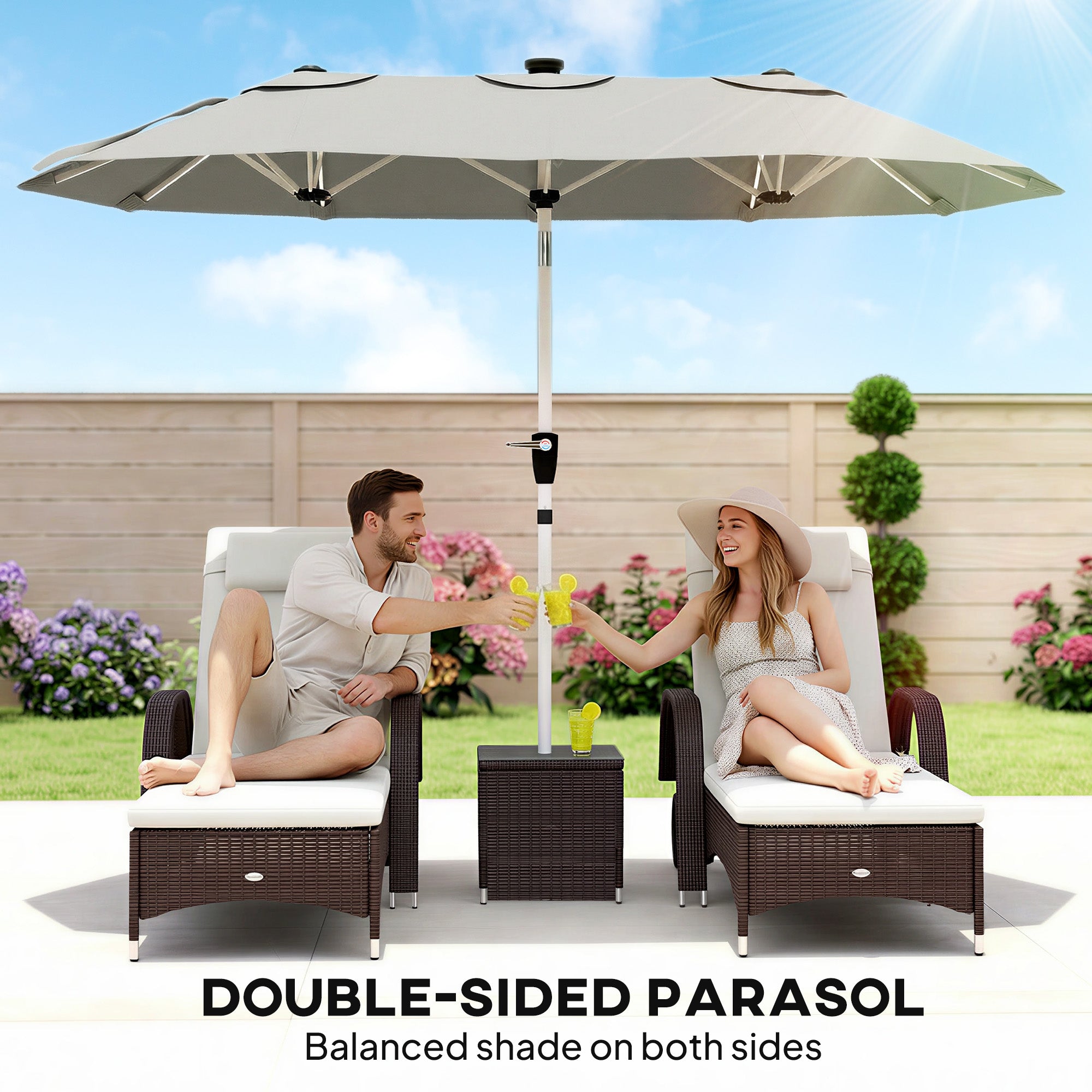 Outsunny 3 m Double-Sided Garden Parasol with LED Solar Lights, Outdoor Extra Large Sun Umbrella with Crank Handle, Grey 