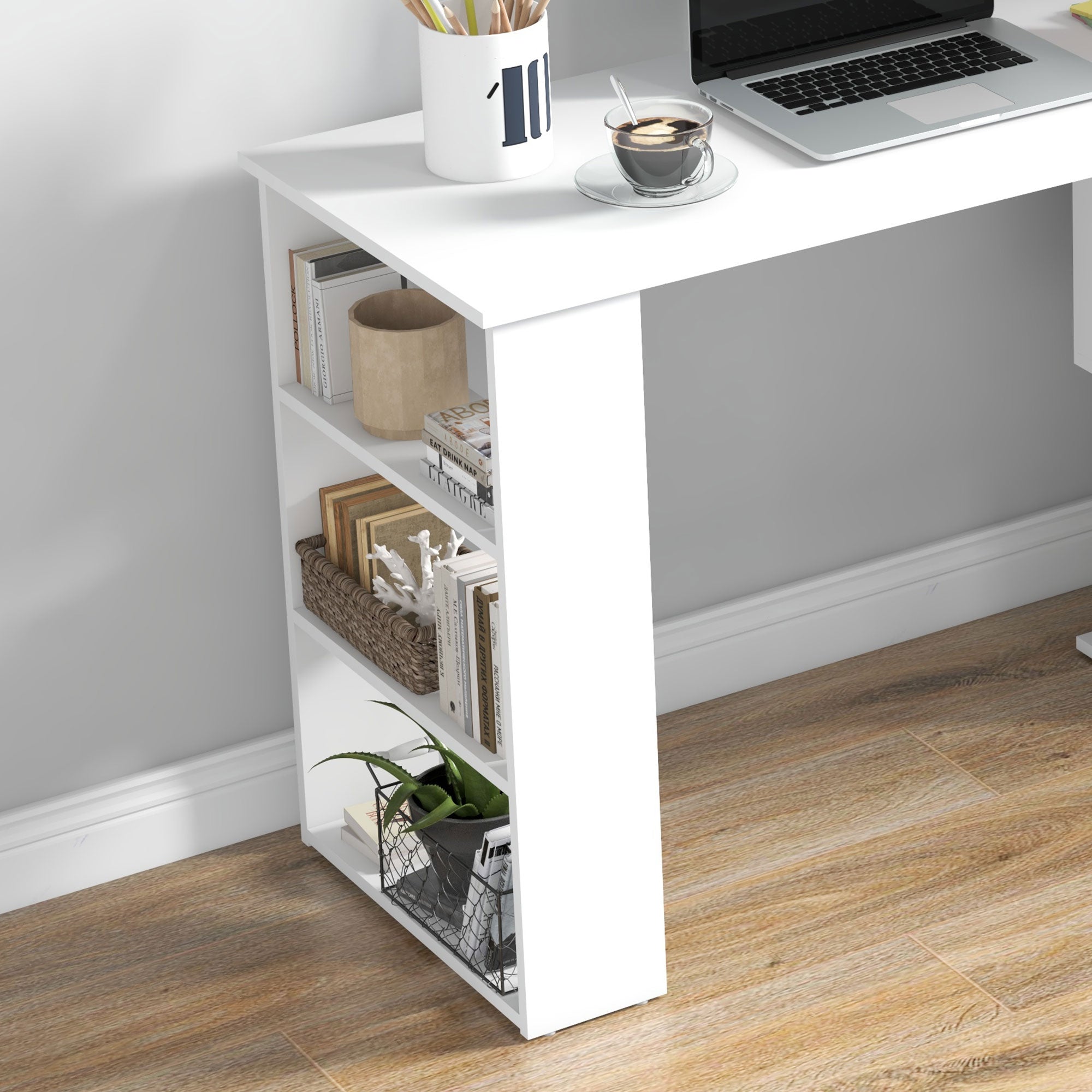HOMCOM Corner Computer Desk, L Shaped Desk with 360° Rotating Bookshelf, 120L x 110W x 74.5H cm, White 