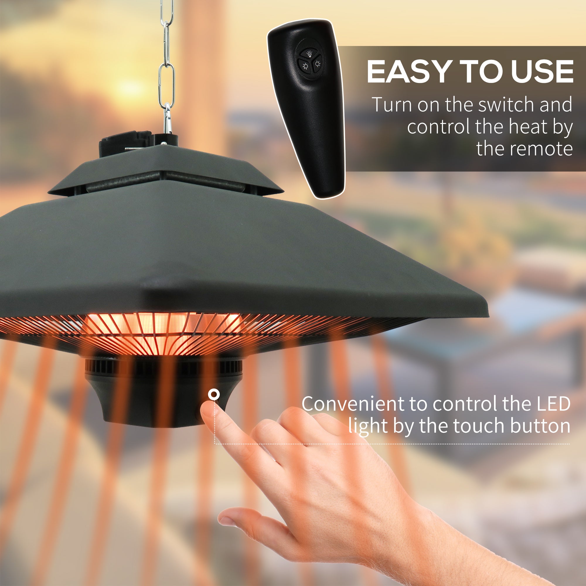 Outsunny Hanging Electric Patio Heater with 2 Power Settings, 1000/2000W Waterproof Ceiling Mounted Aluminium Halogen Infrared Outdoor Heater Warmer with LED Light and Remote Control, Black 