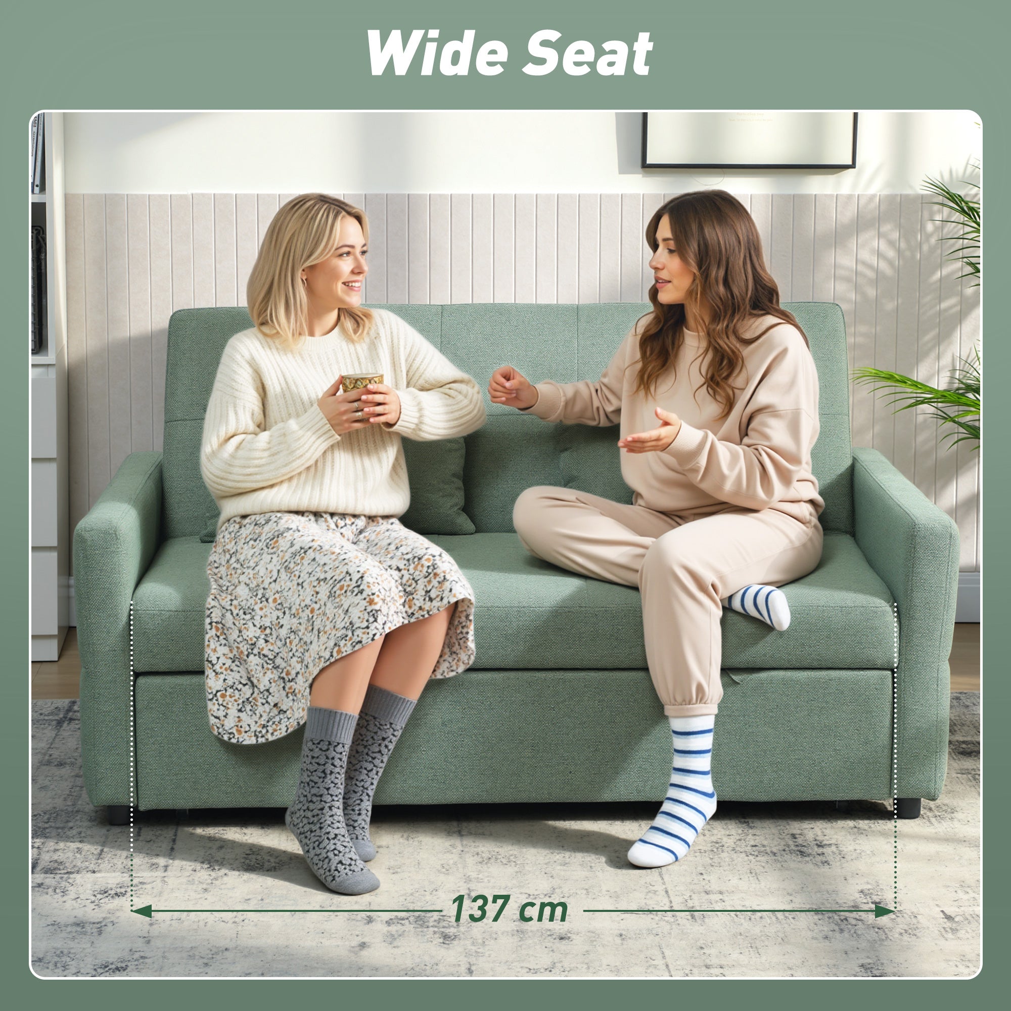 HOMCOM Three-Way 2 Seater Sofa Bed with Three-position back and Two Soft Pillows - Green 