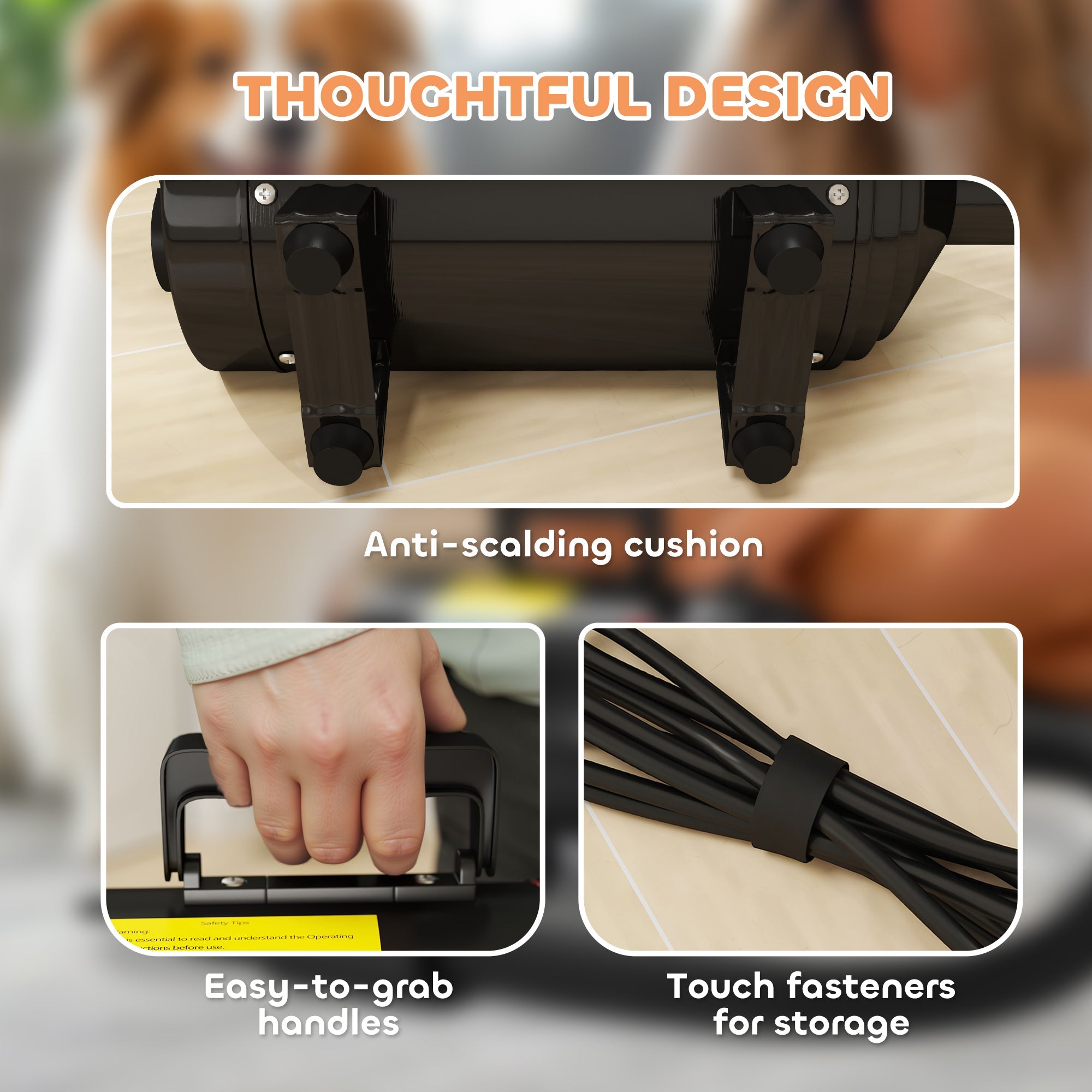 PawHut 2200W Dog Hair Dryer with Adjustable Temperature & Velocity, 3 Different Nozzles, Black 