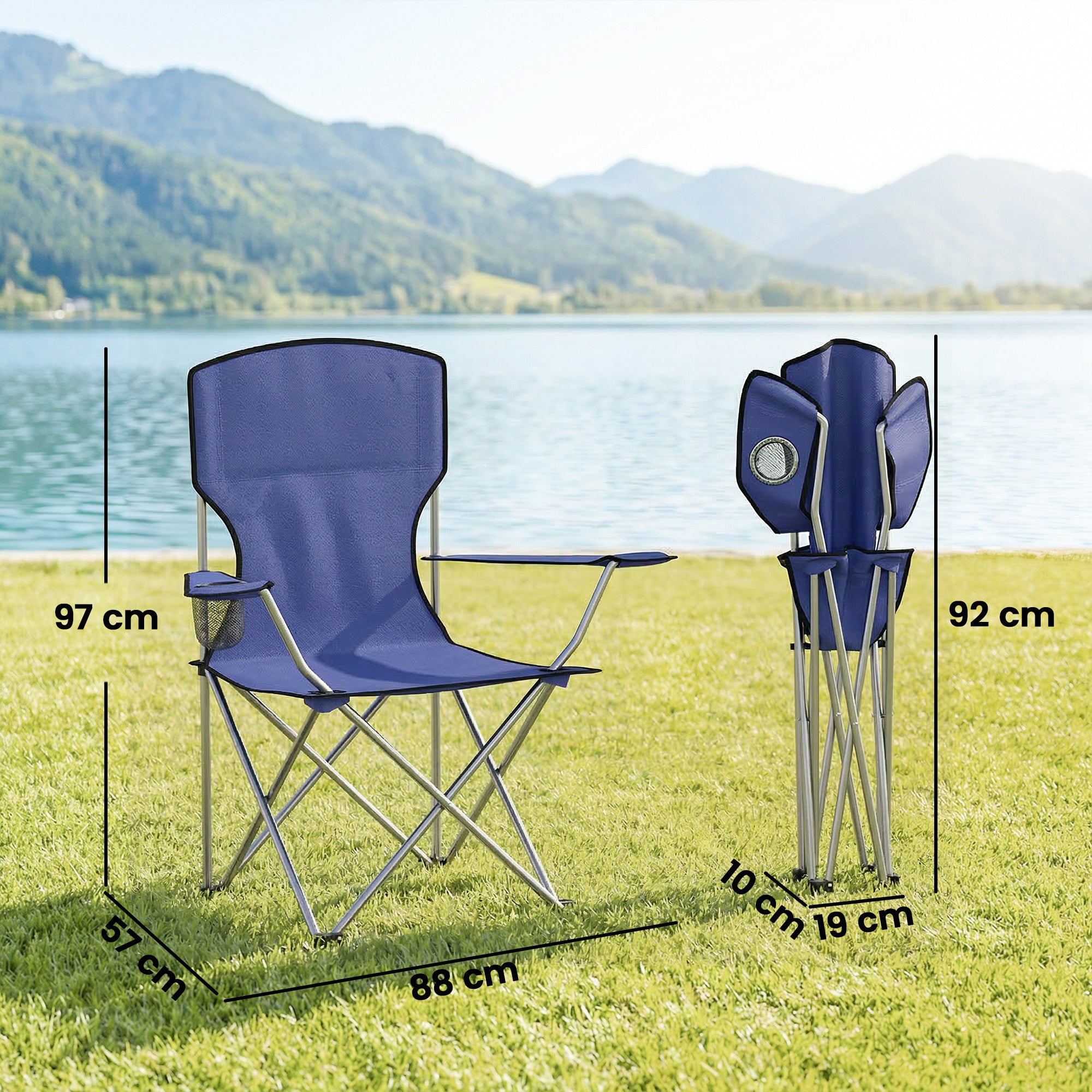 Outsunny Camping Chair Set of 2 Portable Folding Outdoor Camp Chair with Cup Holders and Carry Bag Dark Blue 