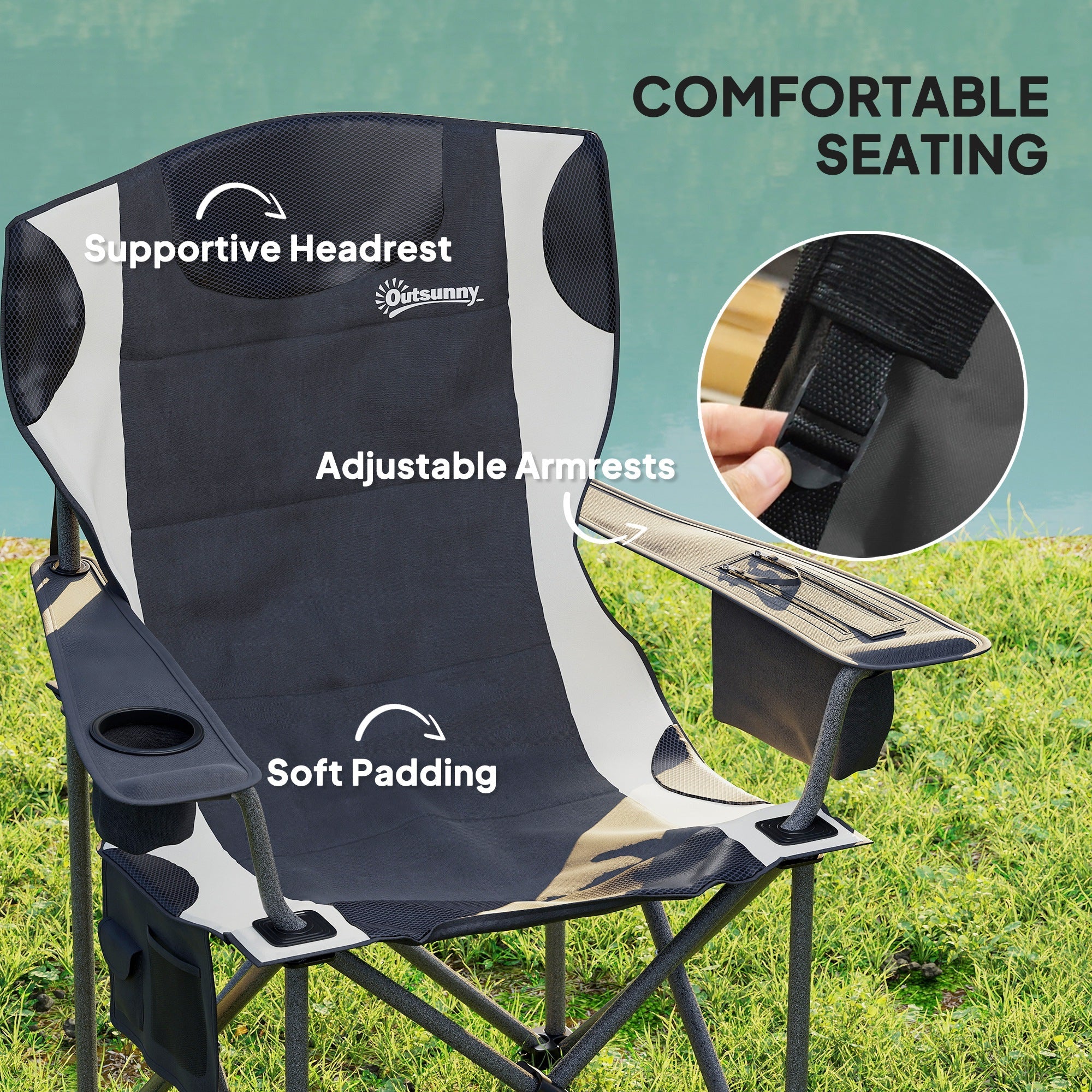 Outsunny Set of 2 Folding Camping Chairs, Padded Camping Chairs with Adjustable Armrests, Portable & Lightweight Folding Camp Chair with Cooler Bag, Cup Holder and Side Pockets, Black 