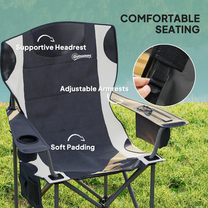 Outsunny Set of 2 Folding Camping Chairs, Padded Camping Chairs with Adjustable Armrests, Portable & Lightweight Folding Camp Chair with Cooler Bag, Cup Holder and Side Pockets, Black 
