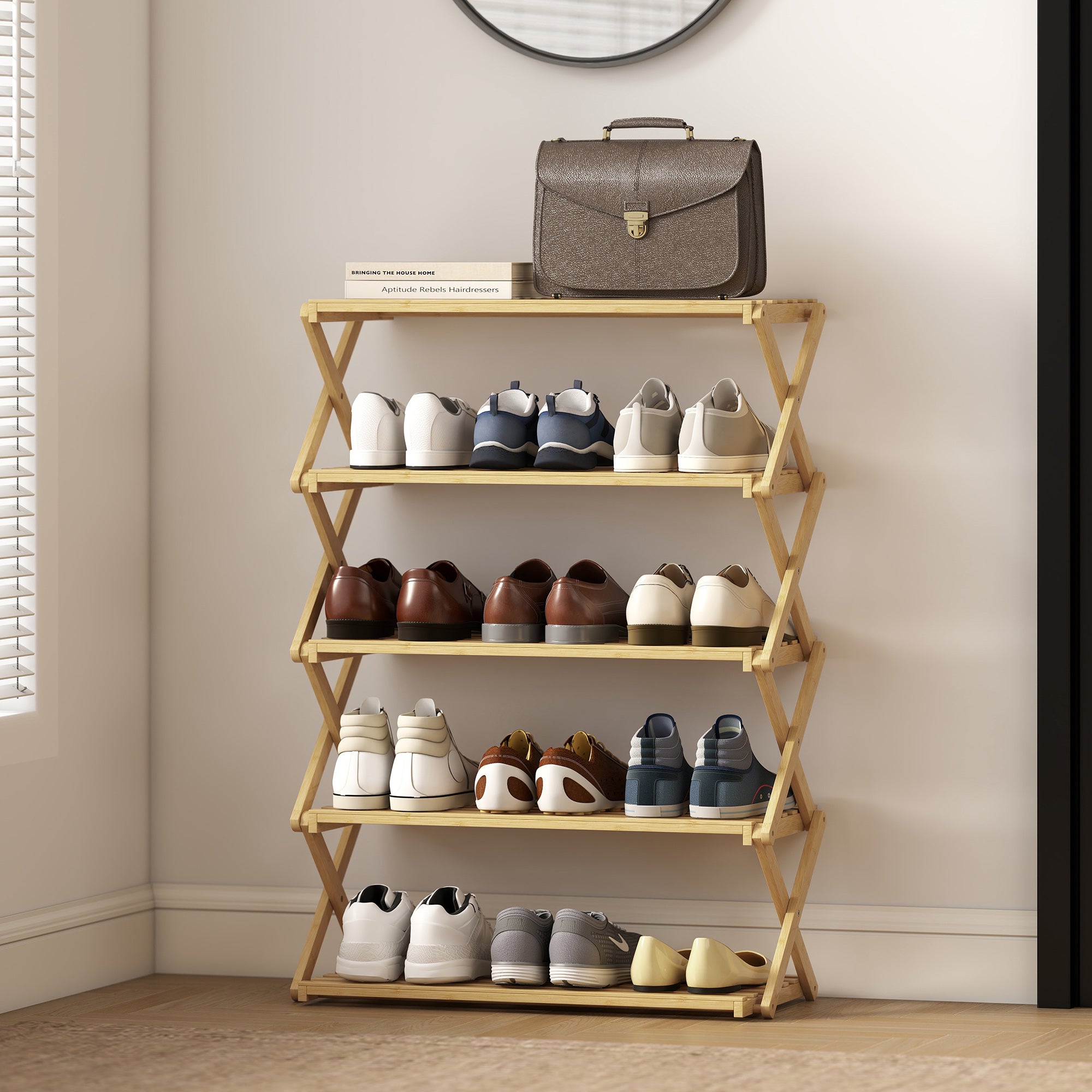 HOMCOM Five-Tier Folding Bamboo Shoe Rack - Natural Finish 