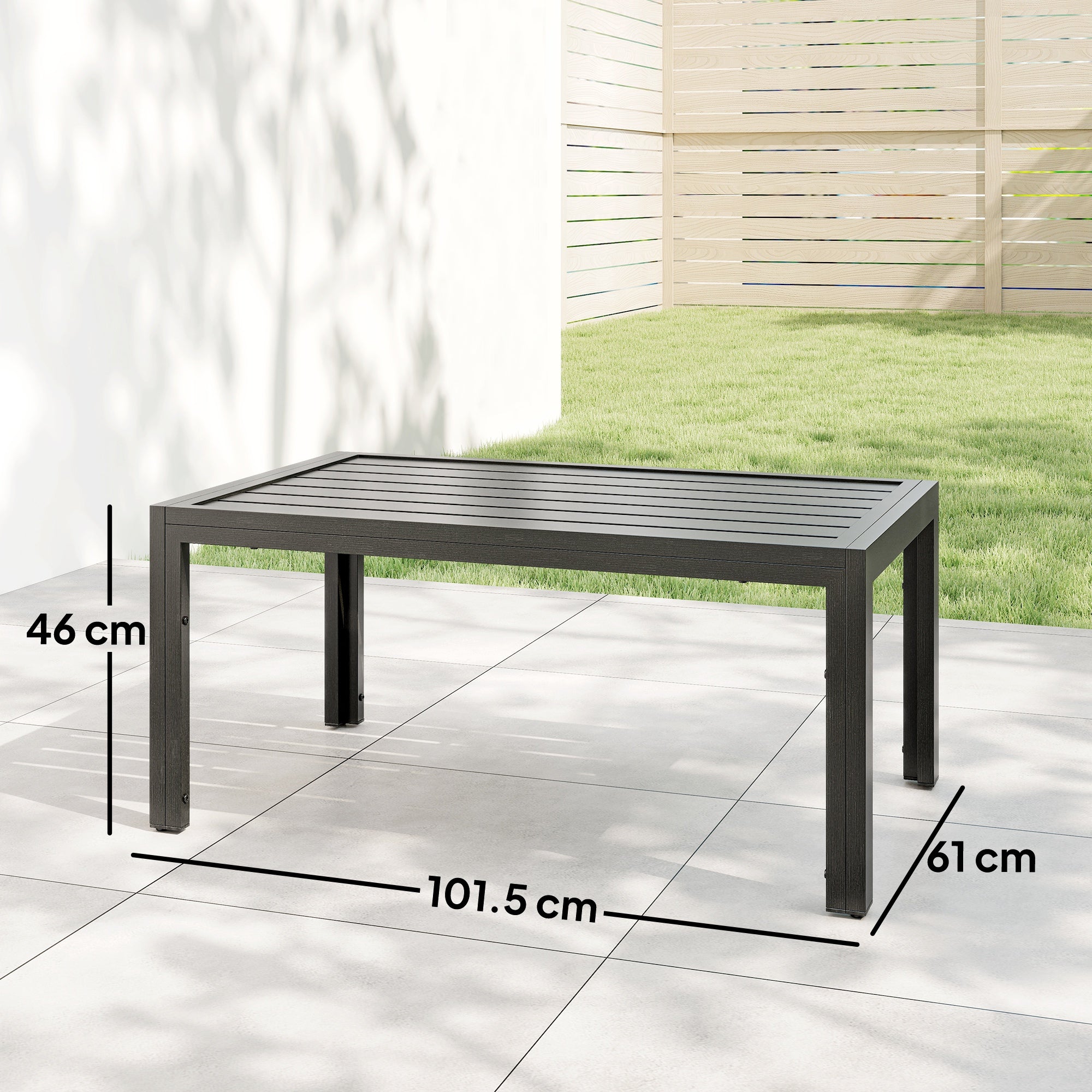 Outsunny Outdoor Side Table, Rectangular Patio Coffee Side Table with Steel Frame and Slat Tabletop for Garden, Balcony, Grey 
