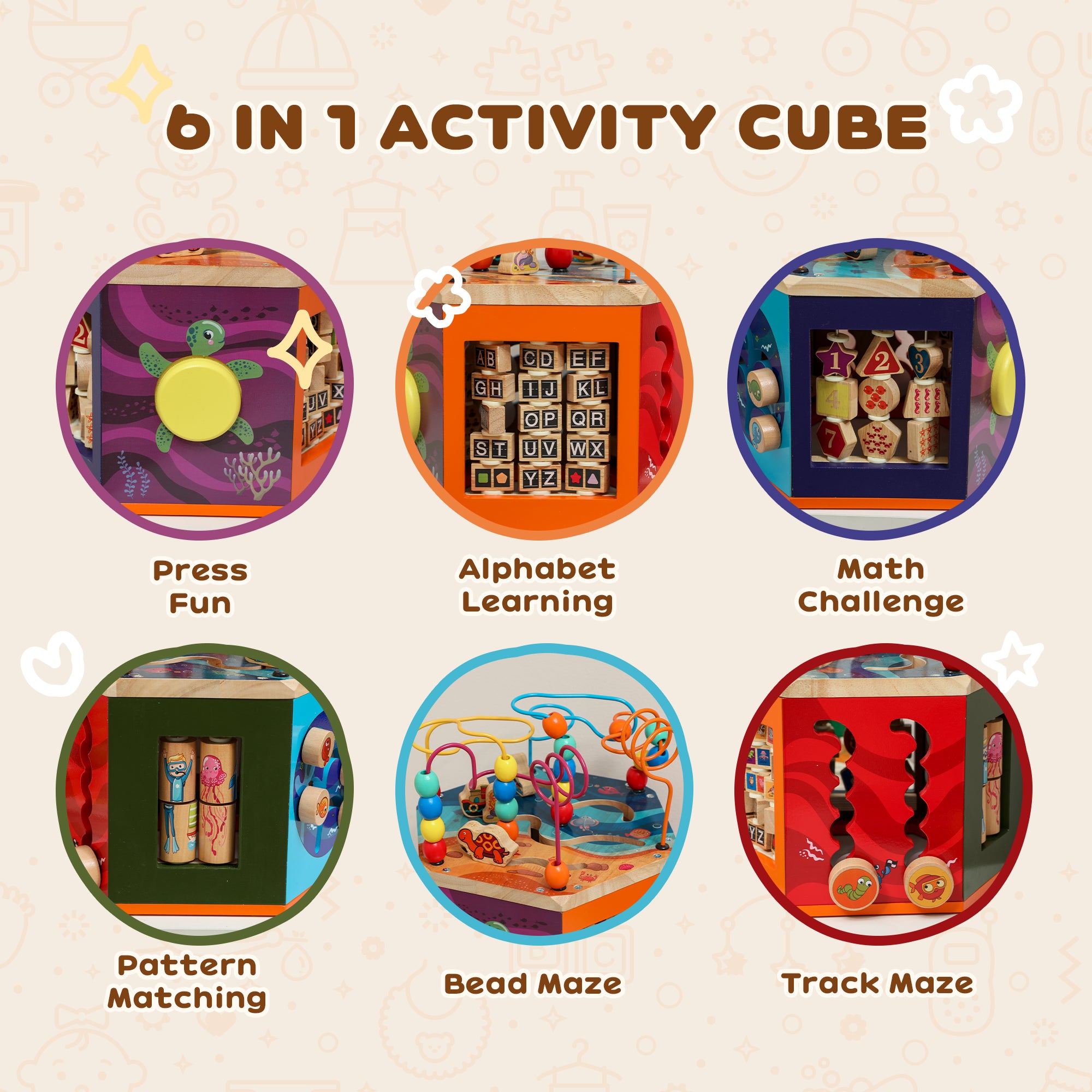 AIYAPLAY Wooden Activity Cube, Baby Toys with Bead Maze, Pattern Sorter for Toddlers Boys and Girls 18+ Months 