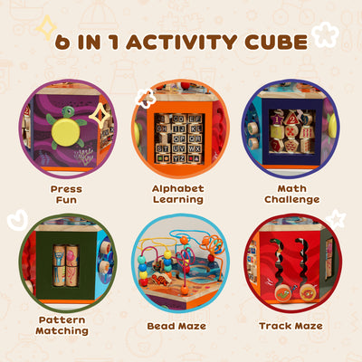 AIYAPLAY Wooden Activity Cube, Baby Toys with Bead Maze, Pattern Sorter for Toddlers Boys and Girls 18+ Months 
