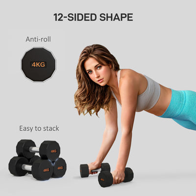 SPORTNOW 2 x 4kg Dumbbells Weights Set with 12-Sided Shape and Non-Slip Grip for Men Women Home Gym Workout 