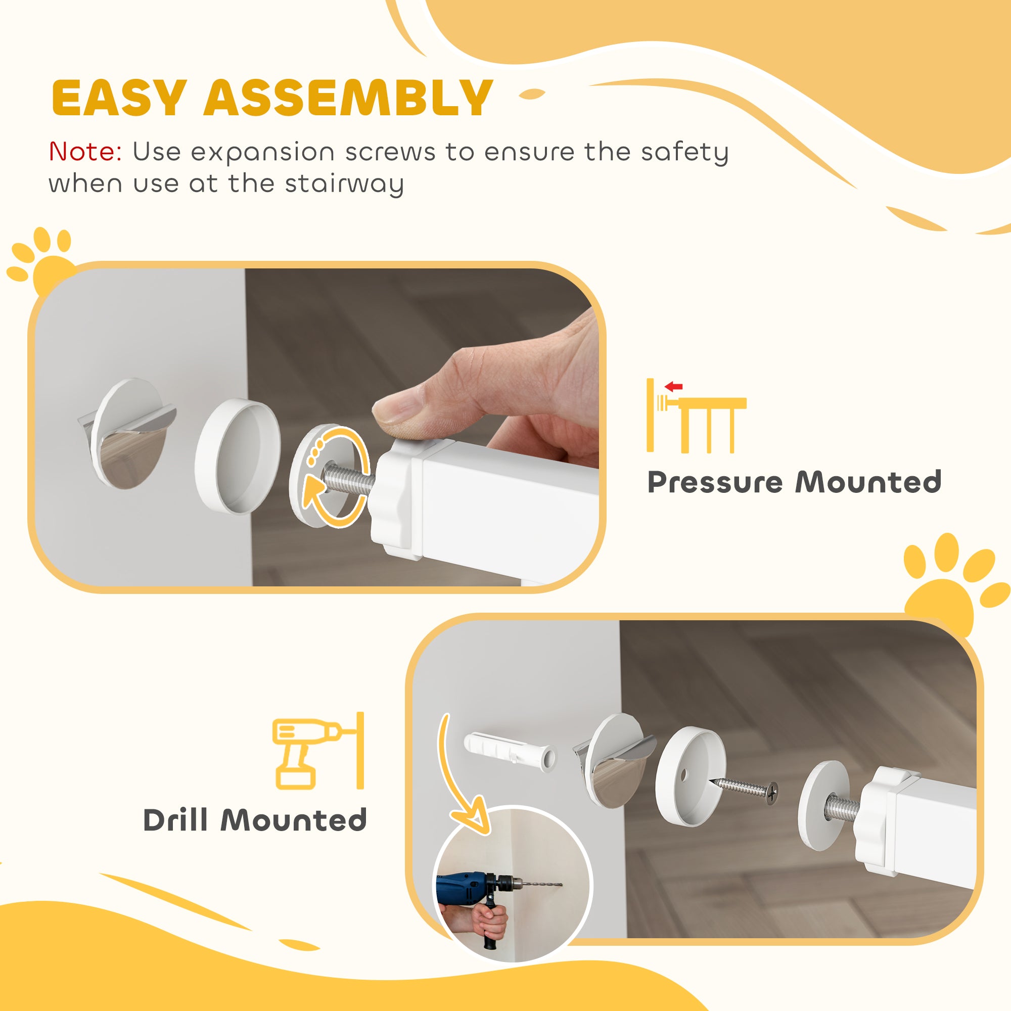 PawHut Baby Gate, Pet Safety Gate Pressure Fit, 76-82cm Wide with Two-Way Open, One-Hand Opening 