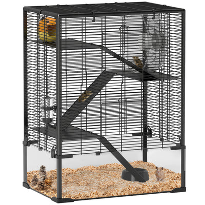 PawHut 4 Tiers Hamster Cage with Deep Tempered Glass Bottom, Hut, Running Wheel, Food Dish, Water Bottle, 60 x 40 x 80cm 